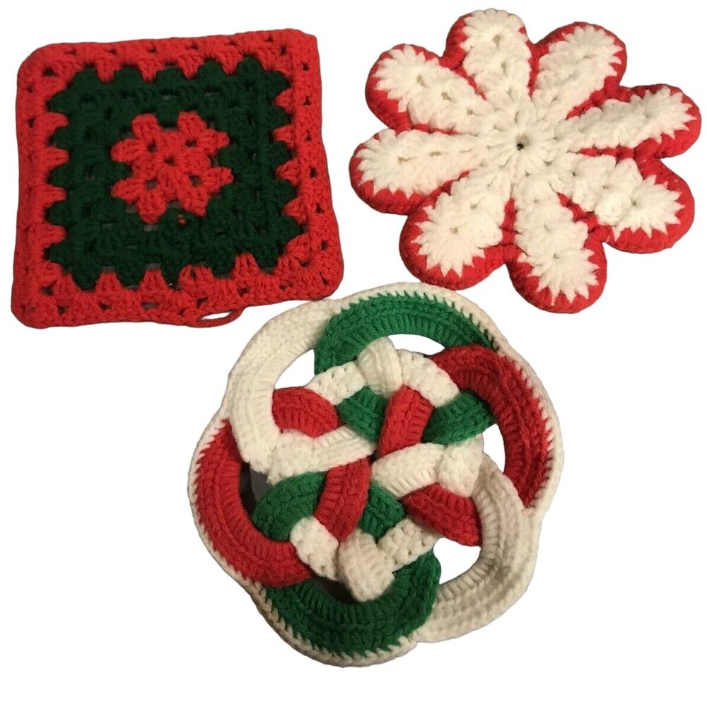 3 Pot Holders Crochet Christmas Holiday Winter Theme Handmade Granny Vintage